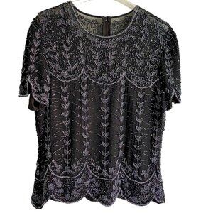 Black Heavily Beaded Short Sleeve Blouse with Scalloped Hem Women's Medium